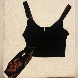 Free People Black Crop Tank Top with Orange Paisley Accents
